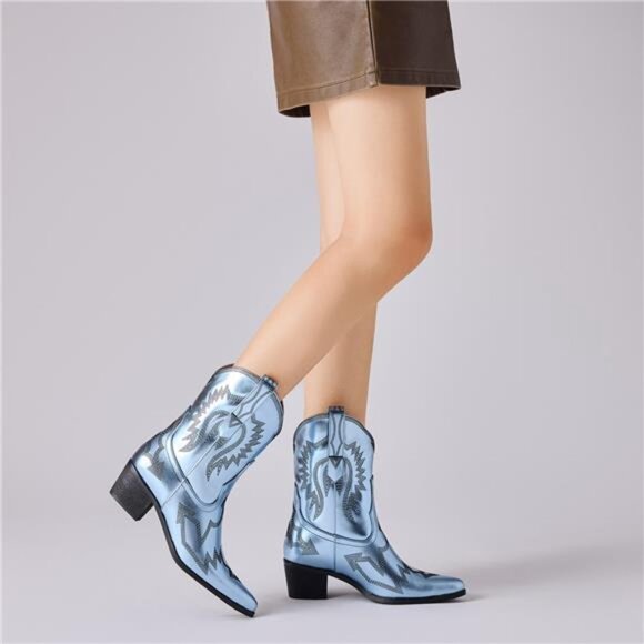 New Women’s Ankle Cowboy Boots Western Embroidered Metallic Pointed Toe Blue - Picture 6 of 10